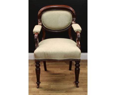A Victorian mahogany open armchair, by Cornelius V Smith (London), stamped, stuffed-over upholstery and manchette, downswept 