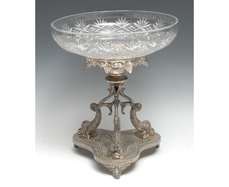 A Victorian silver-plated and cut-glass table centre, retailed by Benetfink &amp; Co, Cheapside, stamped, tri-form dolphin 'c