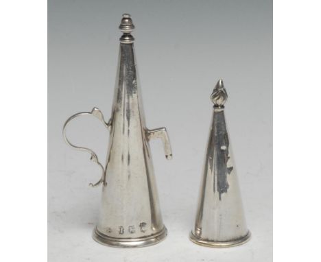 A George II silver conical candle snuffer, scroll handle, 11.5cm long, London 1748; another, flame finial, 8cm high, unmarked