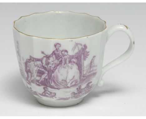 A Worcester L'Amour pattern fluted coffee cup, printed in puce with a courting couple, gilt rim and handle, the verso with ga