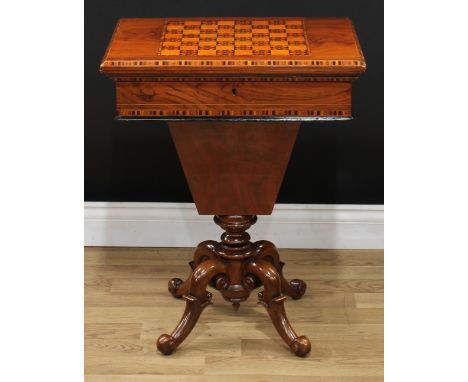 A Victorian walnut and parquetry combination games, card and work table, hinged rectangular top inlaid for chess or draughts,