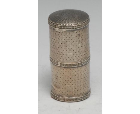 A French silver cylindrical scent bottle case, engine turned, push-fitting cover, 7cm long, c. 1860 