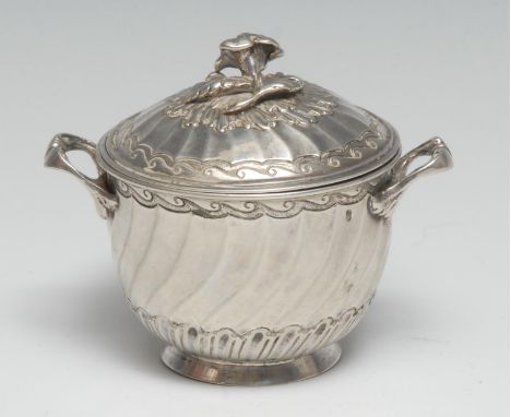 A 19th century French silver two handled porringer and cover, spirally fluted, the slightly domed cover with flower finial, 7