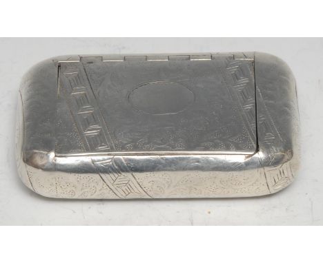 A large George III silver rounded rectangular snuff box, bright-cut and wrigglework engraved, hinged cover, 9cm long, maker W