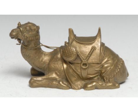 A 19th century Orientalist gilt-bronze novelty inkwell, cast as a camel, hinged cover, 16cm long, c. 1880 