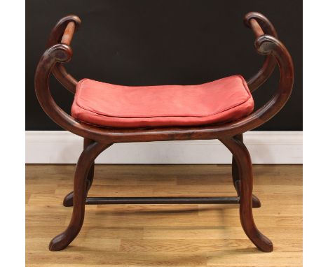 A Chinese hardwood X-frame stool, scroll end supports, slatted seat, 65cm high, 73cm wide, 35cm deep, 19th century