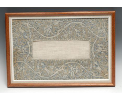 A 16th century Italian linen panel, embroidered with amorini, putto and lions amongst meandering fruiting oak branches, 25cm 