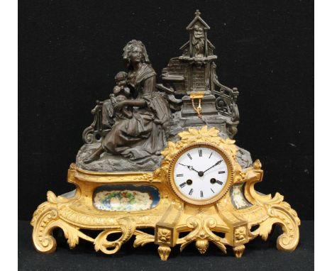 A 19th century French porcelain mounted gilt and patinated metal mantel clock, 8.5cm enamel dial inscribed with Roman numeral