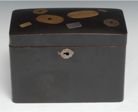 A Japanese black lacquer rounded rectangular tea caddy, the slightly domed hinged cover decorated in gold, silver and bronze 