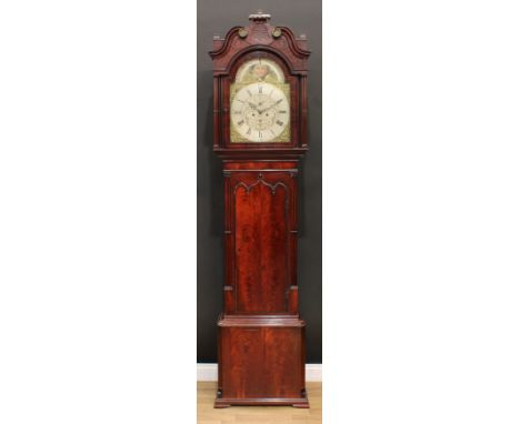 A George III mahogany longcase clock, 35cm arched brass and silvered dial inscribed Charles Edward Gillett, Manchester, Roman