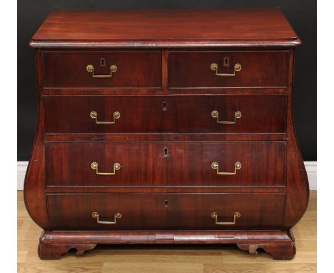 An 18th century Dutch mahogany bombe-shaped chest, two-stage rectangular top with moulded edge, above two short and three lon