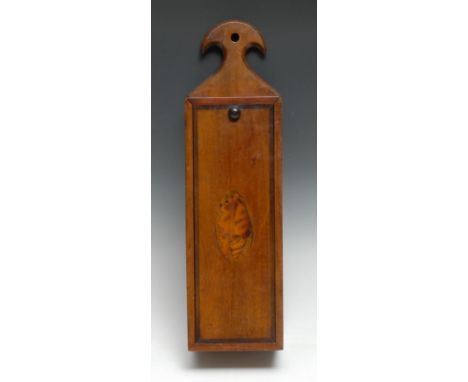 A 19th century mahogany candle box, axe-head cresting, crossbanded sliding cover inlaid with a navette shaped shell patera, 4