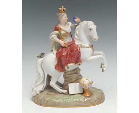 A Meissen figure, after  a model by Johann Joachim Kändler, m Allegorical of  Europe, 21.5cm high, crossed swords, incised 12