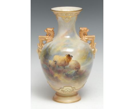 A Royal Worcester pedestal ovoid vase, painted by Jas Stinton, signed, with highland sheep, angular handles, 20.5cm high, cro