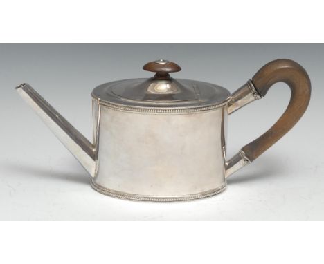 An 18th century Belgian silver oval drum shaped teapot, quite plain, hinged domed cover, beaded borders, hardwood finial and 