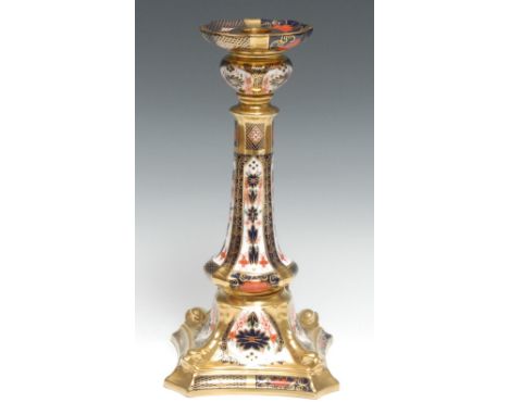 A Royal Crown Derby 1128 pattern Castleton candlestick, dolphin to angles, incurved square base, 27cm high, printed mark 