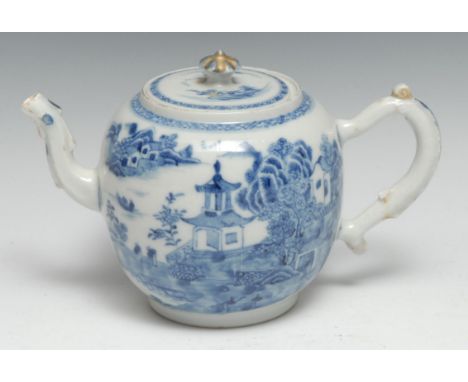 A Chinese Export porcelain globular tea pot and cover, painted with a landscape in underglaze blue, fluted finial picked-out 