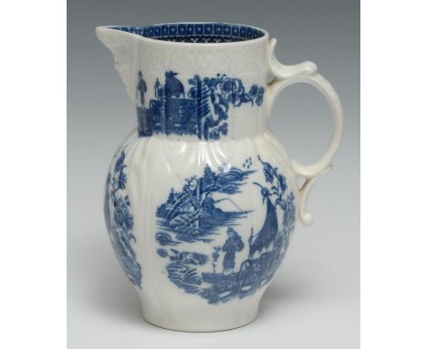 A Caughley Fisherman pattern cabbage leaf moulded jug, mask spout, printed with five prints of the fisherman and his sampan, 