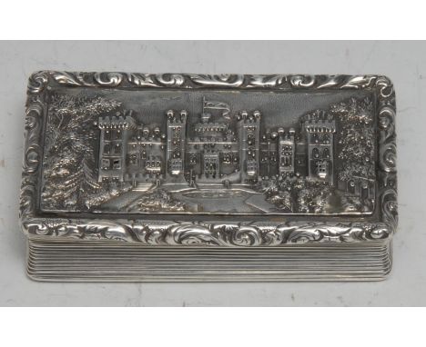 A William IV silver rectangular castle top snuff box, hinged cover with a view of Windsor Castle, reeded sides and base, 7.5c