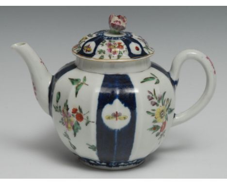 A Worcester facetted globular teapot and cover,  painted with alternating panels of flowers on white and insects on blue, 11.