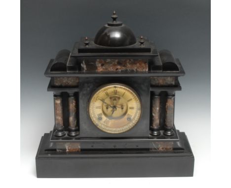 A 19th century breccia and black marble architectural mantel clock, 12cm brass dial inscribed with Roman numerals, Brocot esc