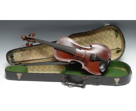 A violin, 35.5cm one-piece back excluding button, outlined throughout with purfling, 60cm long overall, the bow unsgined, 74c