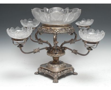 A post-Regency Old Sheffield Plate table-centre epergne, pedestal base with leafy boss under-finial, gadrooned borders, incur