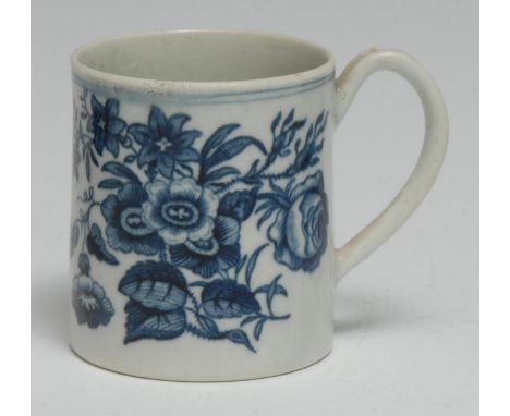 A Worcester Three Flowers pattern coffee can, printed in underglazed blue with flowers and insects, 6cm high, crescent mark, 