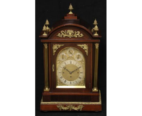 A substantial Edwardian gilt metal mounted mahogany bracket clock, 20.5cm arched brass dial with silvered chapter ring inscri