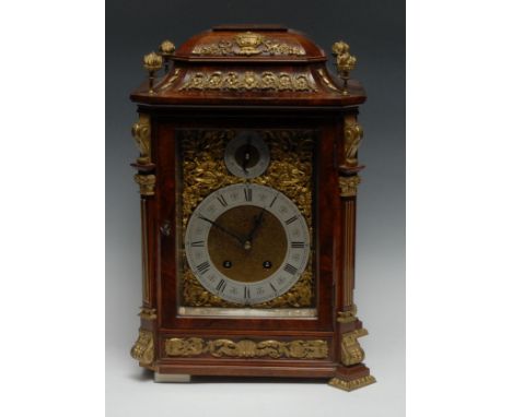 A George II Revival gilt metal mounted walnut bracket clock, 14.5cm rectangular dial with silvered chapter of Roman numerals,