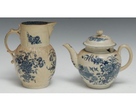 A Worcester Fence pattern teapot  and cover, printed in tones of blue, flower finial, 19cm high, hatched crescent mark, c.177