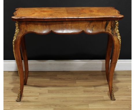 A Victorian Franglais gilt metal mounted walnut room centre card table, hinged crossbanded quarter-veneered top enclosing a b