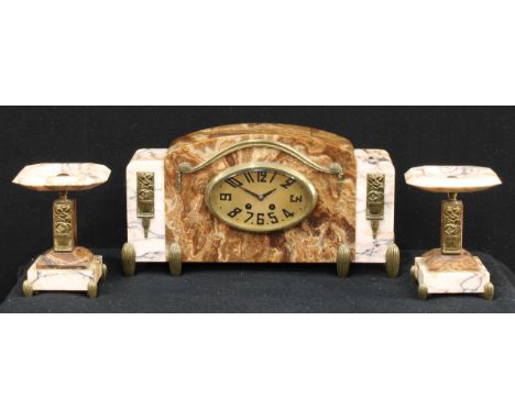 A French Art Deco marble mantel clock garniture, 15.5cm oval gilt dial inscribed with Arabic numerals, 8 day movement strikin