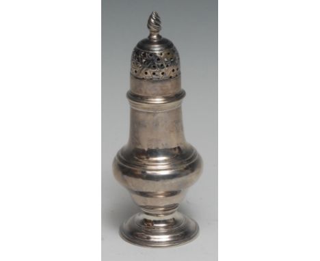 A George III silver pear shaped pepper caster, spiral finial, domed foot, 12.5cm high, London 1767 