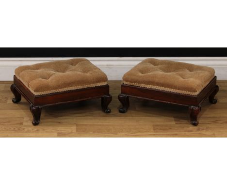 A pair of early Victorian rosewood footstools, deep-button upholstery, cabriole legs, 19cm high, 35.5cm wide, 32cm deep, c.18