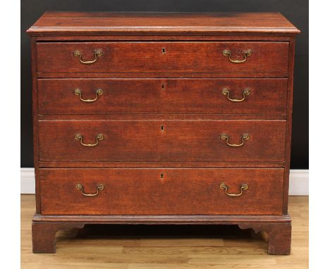 A George III oak chest, of small proportions, slightly oversailing top above four long graduated drawers, brass swan neck han