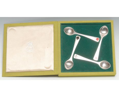 Georg Jensen - a set of four Danish silver and enamel spoons, each enamelled with one of the four playing card suites, 10cm l