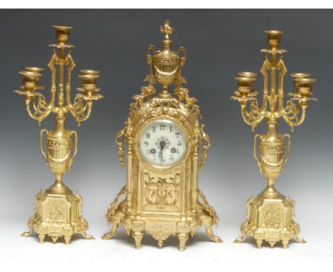 A Louis XVI style gilt-metal clock garniture, 9cm dial inscribed with Arabic numerals, twin-winding holes, 8-day movement str