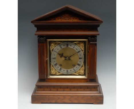A 19th century oak bracket clock, 15.5cm square brass dial with silvered chapter ring engraved with Roman and subsidiary Arab