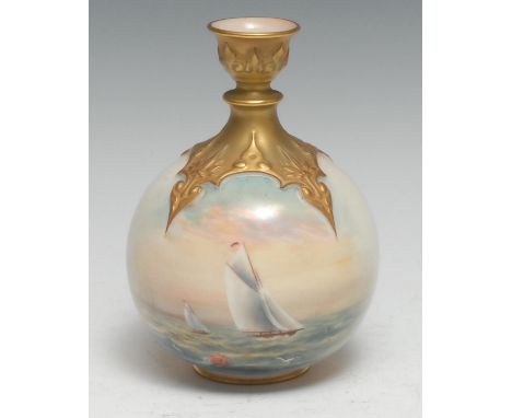 A Royal Worcester ovoid vase, painted by R Rushton, signed, with yachts at sea, the neck and shoulders in gilt with tendrils 