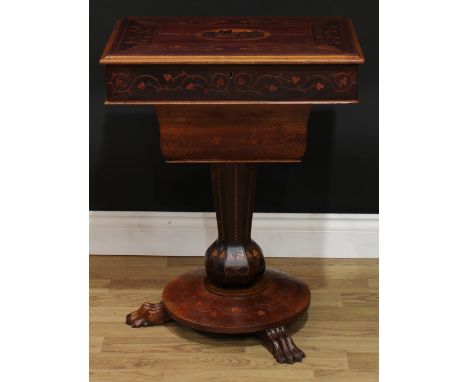 A 19th century Irish Killarney marquetry and arbutus work table, hinged cover, adjustable on a ratchet, inlaid with an oval r