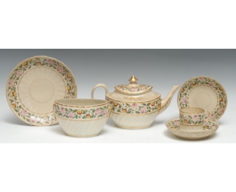 A Pinxton spirally fluted teapot and cover, sucrier, side plate, coffee can and saucer, painted in polychrome with a wide bor