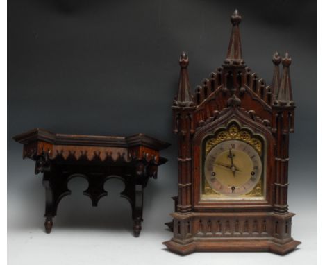 A Victorian Gothic Revival oak musical bracket clock, 16cm lancet arched dial inscribed with Roman numerals, triple-winding h