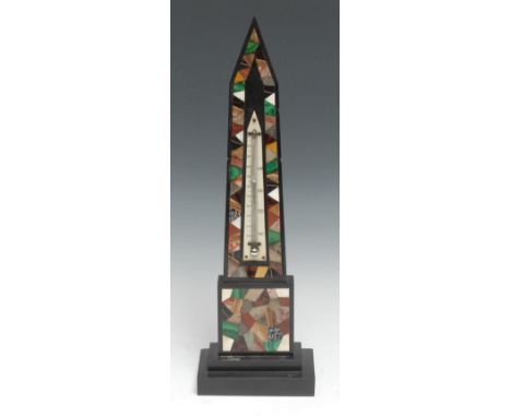 A Derbyshire Ashford marble obelisk thermometer, typically inlaid with specimen stones, stepped base  38cm high, c.1860 