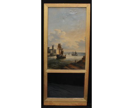 A 19th century giltwood and gesso pier panel, painted with a Dutch marine scene above a mirror, reeded frame, the oil on canv