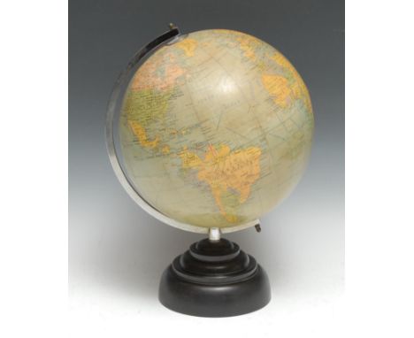 An 11 inch terrestrial globe, The Paramount, By Geographia of Fleet Strret, London, Art Deco style stepped Bakelite base, chr