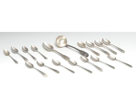 A George III silver Fiddle pattern sauce ladle, 18cm long, William Eley, William Fearn &amp; William Chawner, London 1810; a 