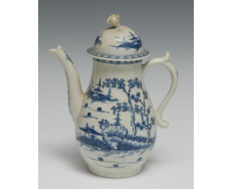 A Worcester Cannonball pattern coffee pot and cover, painted in underglaze blue with islands with trees, house and pagoda and