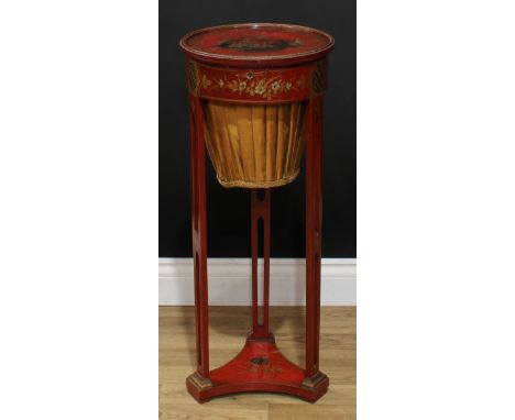 A Regency design red lacquered, parcel gilt and chinoiserie decorated work table, dished circular top painted and applied wit