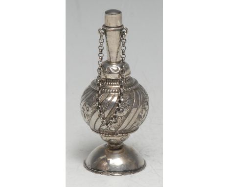 A 19th century French silver globular scent bottle or flask, for the Moorish market, chased with foliage, push-topper, chain 